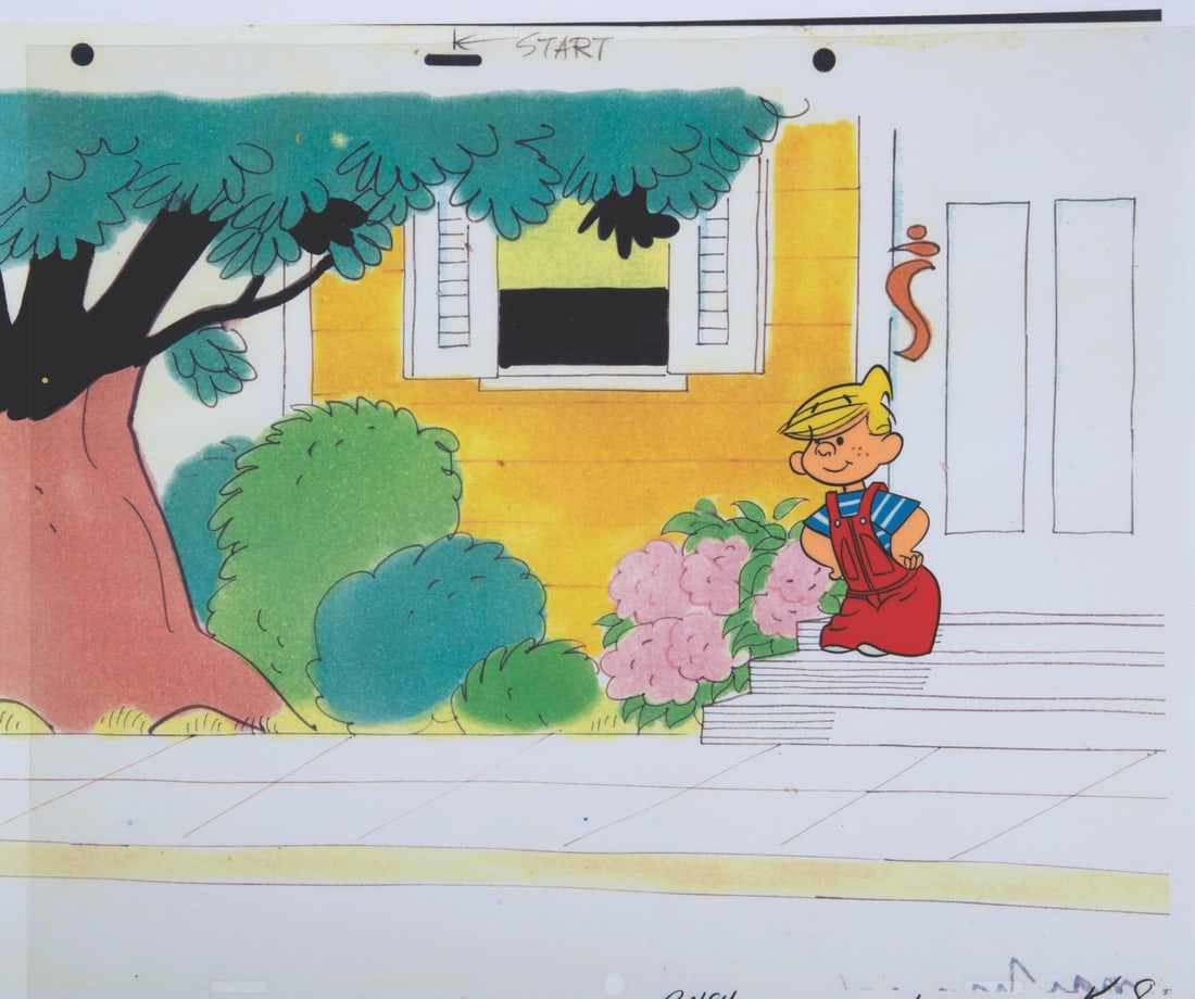 An Original Production Cel From Dennis the Menace.: (DIC, 1986) An original production cel of Dennis the Menace from the 1986 "Dennis The Menace" animated series. The cel measures 10.5"x12.5" and has a character image size of 1.75"x3.25". The cel has b