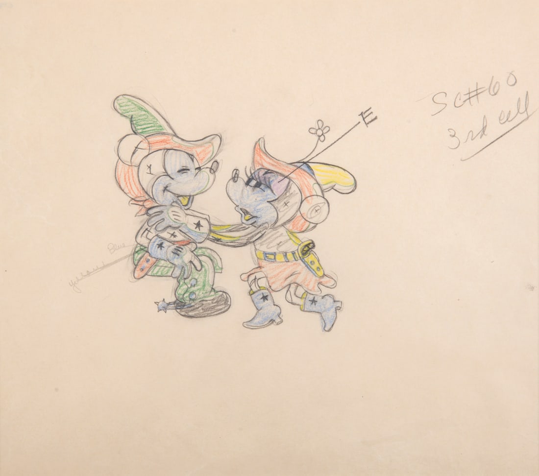 An Original Production Drawing from "Two Gun Mickey.": (Disney, 1934) An original production drawing of Mickey and Minnie Mouse from "Two Gun Mickey." Accomplished in colored pencil and graphite, the total image size is 4.5"x4.5" on untrimmed 9.5"x11.5" a