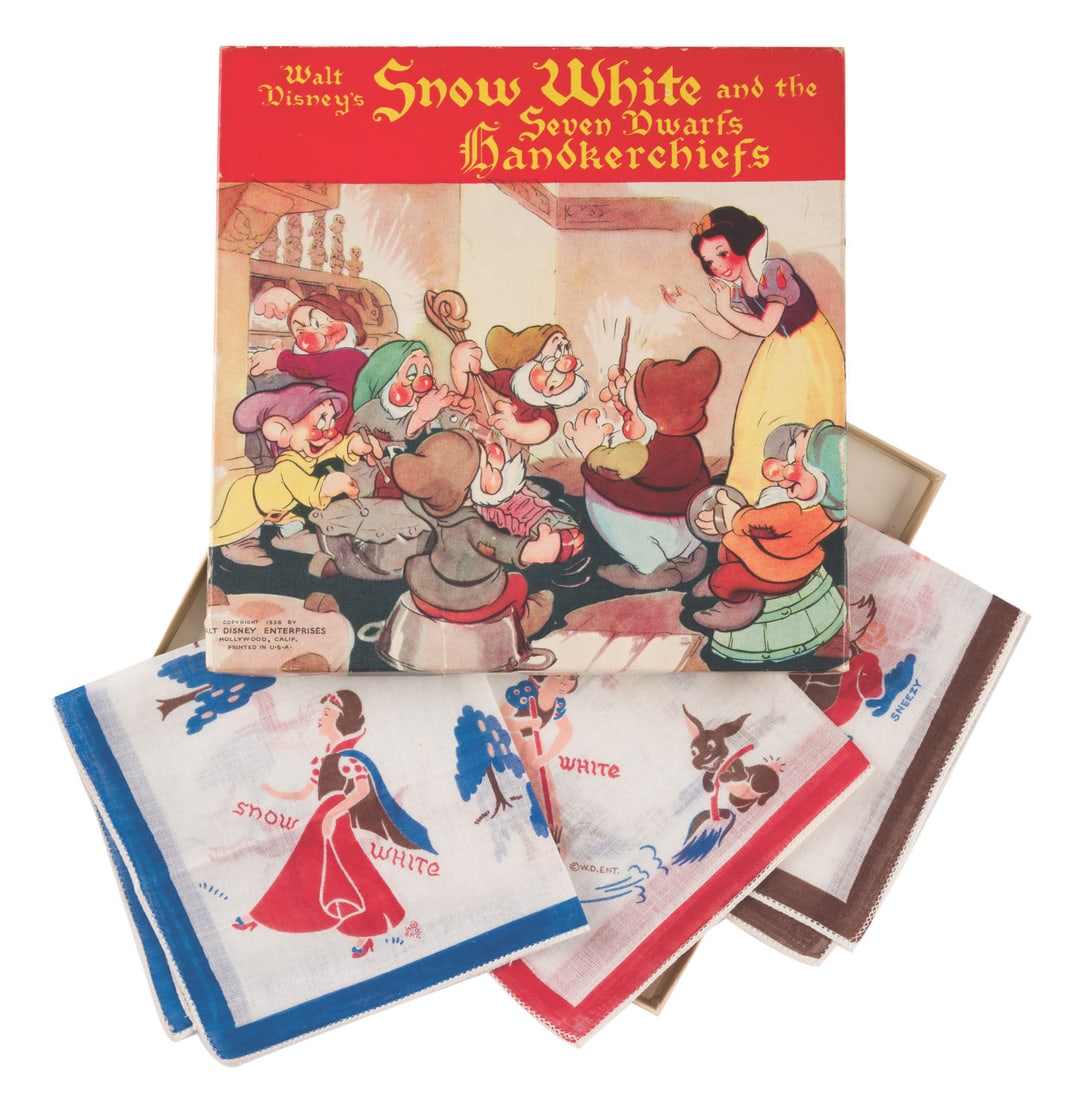 A Snow White and the Seven Dwarfs Handkerchiefs Set.: (Herrmann, 1938) A Snow White and the Seven Dwarfs Handkerchiefs boxed set by Herrmann Handkerchief Co. Each of the three handkerchiefs features printed four-color imagery of the characters from the p