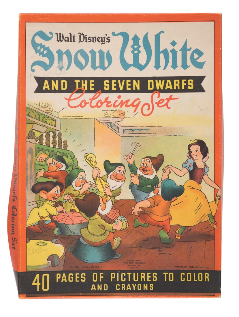 A Snow White and the Seven Dwarfs Coloring Set Box.: (Whitman, 1938) A Snow White and the Seven Dwarfs Coloring Set Box. Featuring colorful graphics on the box lid, the box once contained crayons and 40 pages of pictures to color, but this lot is for th