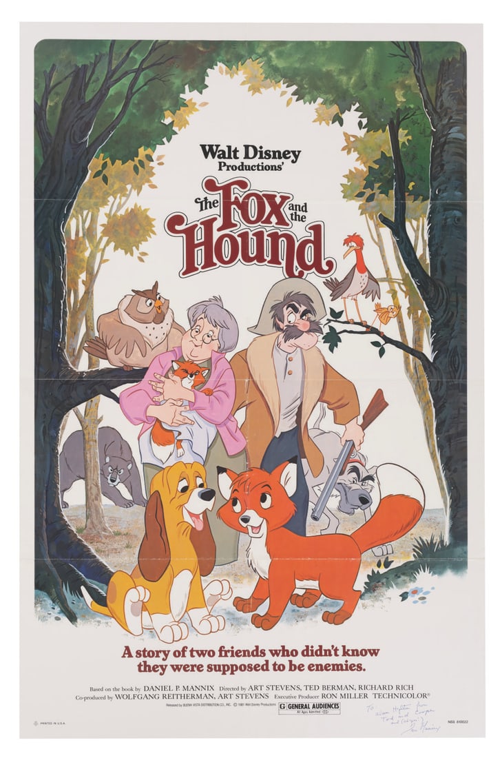 The Fox and the Hound Signed Poster.: (Disney, 1981) An original one-sheet poster for Disney's animated feature The Fox and the Hound, signed with dedication by Dan Mannix, author of the book the film is based upon. Measuring 27"x41", the
