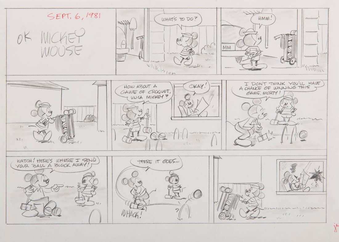 A Mickey Mouse Comic Rough Drawing.: (Disney, 1981) A rough drawing produced for a Mickey Mouse comic strip. The nine-panel comic is dated "Sept. 6, 1981," is rendered in pencil, and stars Mickey Mouse and his nephew. The piece has an im
