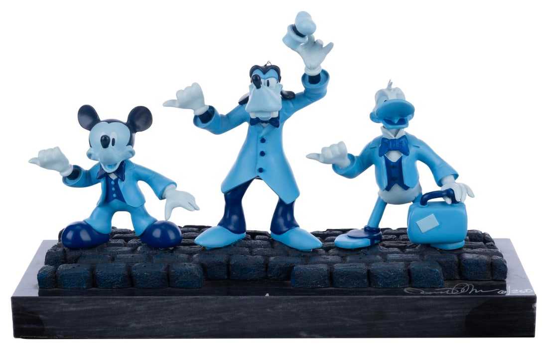 A David Kracov Signed Hitchhiking Ghosts Figure.: (Disney, 2000s) A limited edition figure of Mickey, Goofy, and Donald as Hitchhiking Ghosts signed by artist David Kracov. This artwork is numbered "6/250" and features sculpted characters with metal