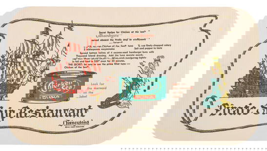 A Chicken of the Sea Pirate Ship Restaurant Placemat.: (Disneyland, 1955) A rare Chicken of the Sea Pirate Ship Restaurant placemat featuring an image of the restaurant and the recipe for the ever-popular "Tunaburgers" served on board. Measuring 12.5"x6.5