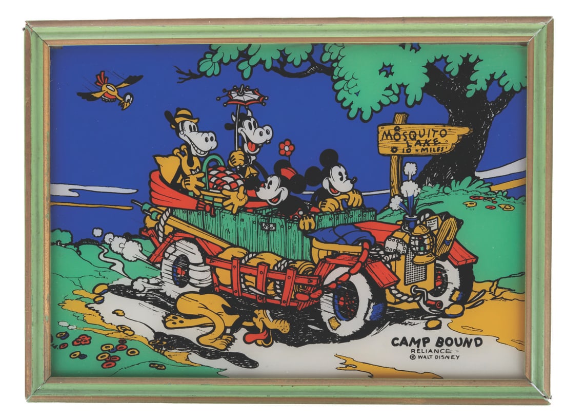 Mickey Mouse and Friends Art Glass.: (Reliance Picture Frame Co., 1930s) A framed enamel-on-glass picture of Mickey and friends produced by the Reliance Picture Frame Company, an early licensee of the Disney Studio. The piece is in its o