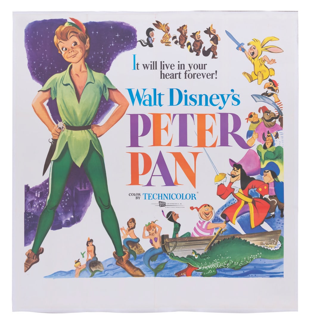 A "Peter Pan" 1969 Reissue Linen-Backed 6-sheet Poster.: (Disney, 1969) A six-sheet poster for the 1969 theatrical rerelease of Walt Disney's "Peter Pan." Measuring 85" x 80.5", the poster has been linen-backed for preservation. The poster displays in very