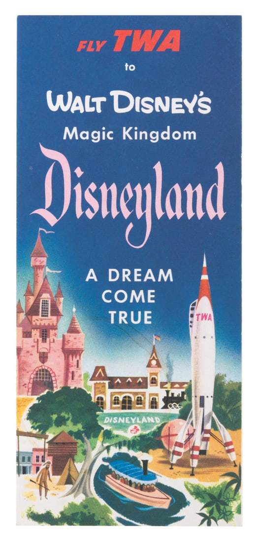 A 1955 "Fly TWA to Disneyland" Brochure.: (Disneyland, 1955) A rare opening year brochure created by Western Publishing, promoting Disneyland and its sponsor TWA. The brochure features an illustrated Park map, with descriptions of each land.