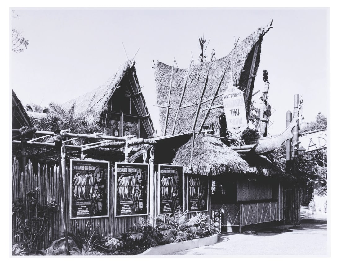A Walt Disney's Enchanted Tiki Room Glossy Photo.: (Disneyland 1960s) A beautiful black and white glossy photo of the exterior of Walt Disney’s Enchanted Tiki Room. Visible are several attraction posters showing that admission costs were seventy-fiv