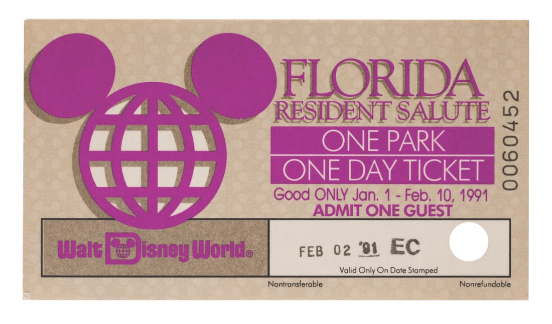 A Walt Disney World Florida Resident Salute Ticket.: (Walt Disney World, 1991) A "Florida Resident Salute" One Park One Day Ticket punched and stamped on February 2, 1991. Measuring 4.25" x 2.5", the ticket is in very good condition.
