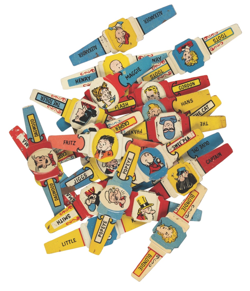 A Set of Post Toasties Comic Strip Character Rings.: (Post, 1949) A complete set of twenty-four King Features comic strip character rings from Post’s Toasties Corn Flakes. The set features classic characters Popeye, Olive Oyl, The Phantom, Felix the C