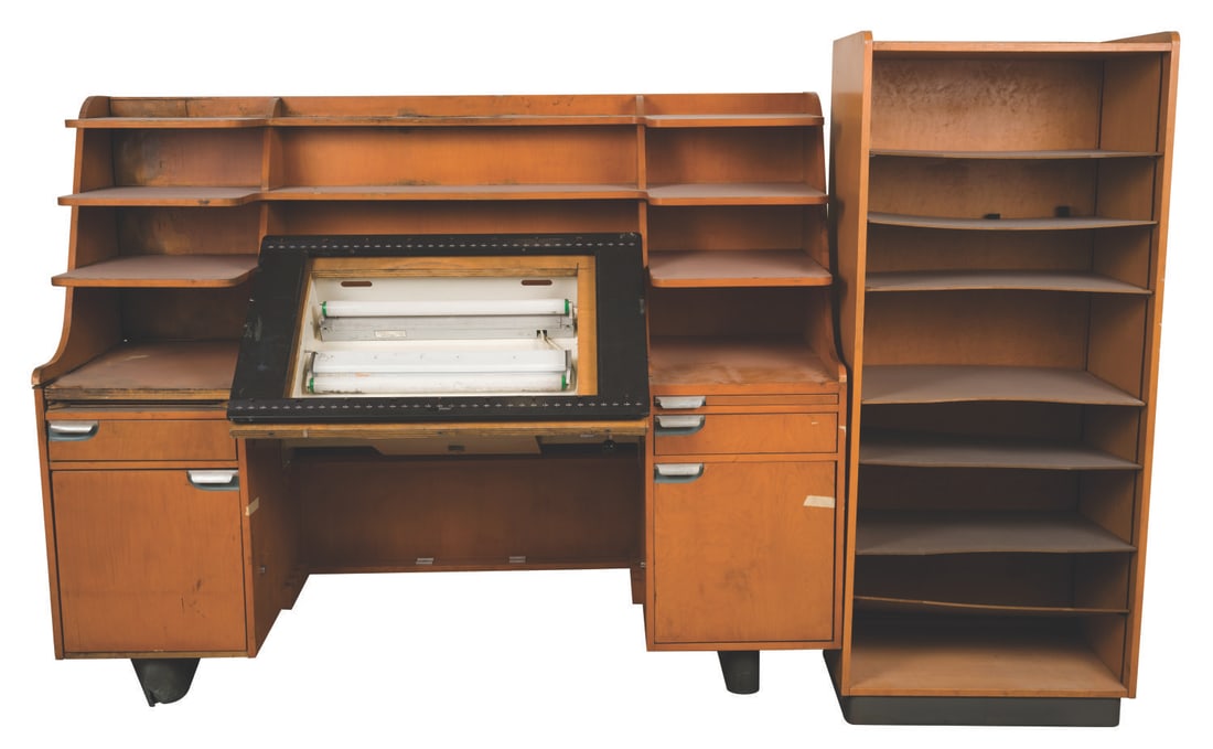 Disney Studio Kem Weber Inspired Lead Animator's Desk.: (Disney, 1990s) A rare Walt Disney Studio-used "Kem Weber-like" Animator's desk from the Disney Feature Animation Studio in Orlando. This style desk was used by lead animators and seen in use by the a