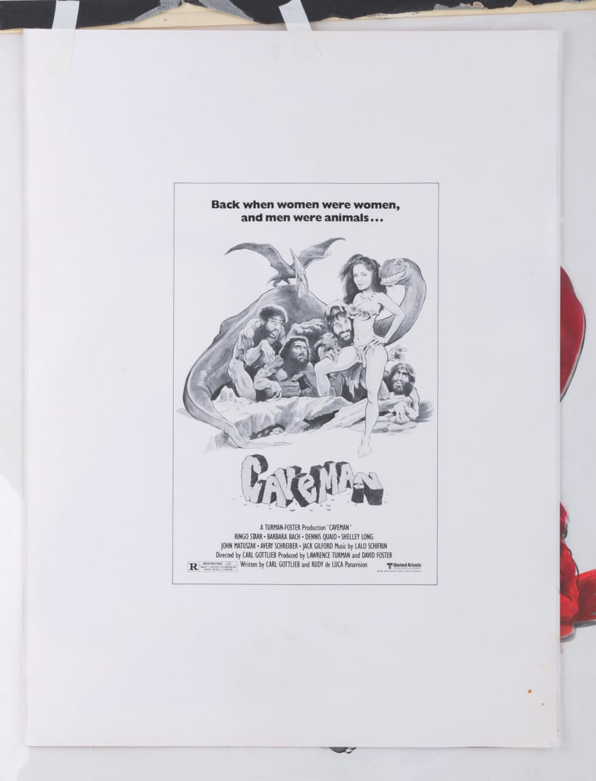 Original Print Ad Artwork for "Caveman.": (United Artists, 1981) An original print advertisement artwork by Michael Hobson for the motion picture ?Caveman? starring Ringo Starr and Barbara Bach. The artwork accomplished in ink and gouache inc