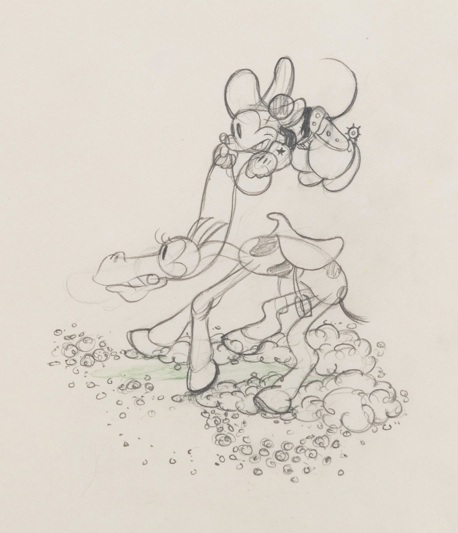 An Original "Two-Gun Mickey" Production Drawing.: (Disney, 1934) An original production drawing of Mickey on his horse from "Two-Gun Mickey." With an image size of 4.5" x 5" on 9.5" x 12" animation paper in a 10.5" x 13" matte, the graphite and color
