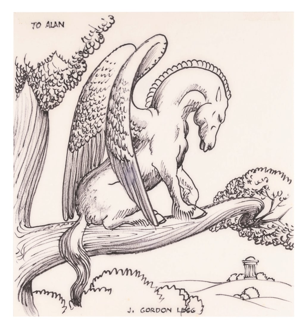 A "Fantasia" Pegasus Drawing Signed By J. Gordon Legg.: (Disney, 1980s-90s) A drawing of Pegasus signed by J. Gordon Legg, the art director of the ?Pastoral Symphony? segment of ?Fantasia.? Included with the signature is an inscription in the top left corn