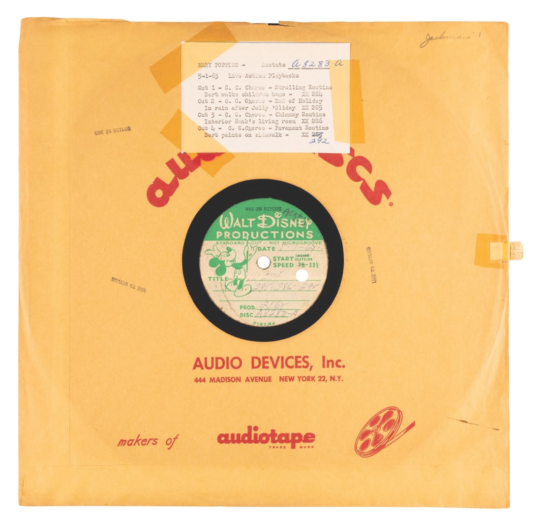 A "Chim Chim Cher-ee" Multiple Cuts Playback Record.: (Disney, 1963) A “Mary Poppins” live-action playback acetate from May 1, 1963, featuring “I Love to Laugh,” “Supercalifragilisticexpialidocious,” and four cuts of “Chim Chim 
