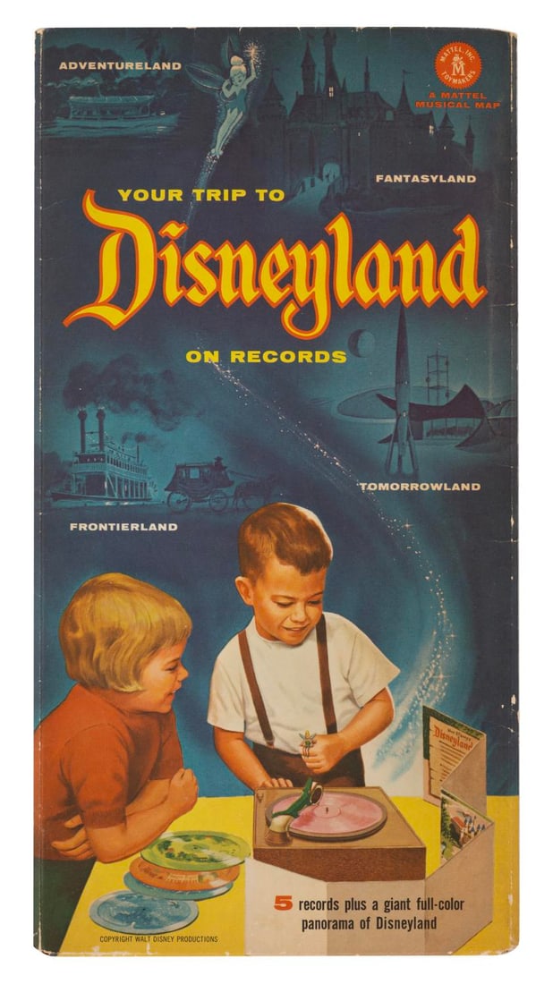 A Your Trip to Disneyland Record Set.: (Disneyland/Mattel, 1955) A "Your Trip to Disneyland on Records" Mattel Musical Map. This illustrated giant full-color panorama of Disneyland and record set contains character cut-outs of Mickey Mouse