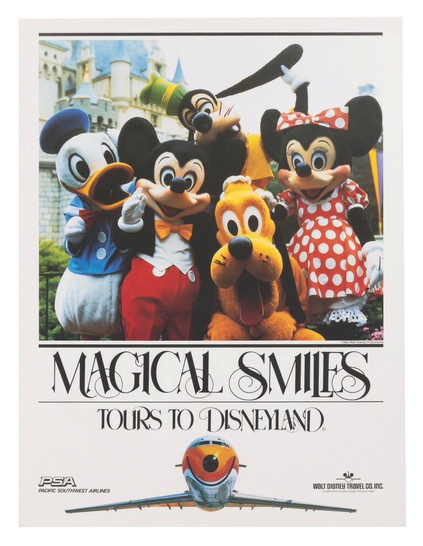 A 1982 PSA Disneyland Travel Poster.: (Disneyland/PSA, 1982) A Magical Smiles Tours to Disneyland travel poster for Pacific Southwest Airlines. Measuring 24" x 31.5", the poster is in very good condition with light edge wear towards the b