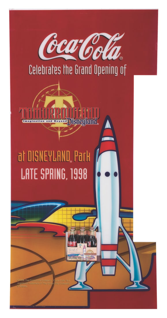 A Coca-Cola New Tomorrowland Vending Machine Panel.: (Disneyland, 1998) A plastic Coca-Cola vending machine front panel and a six-pack of glass Coke bottles promoting the opening of New Tomorrowland in late spring 1998. Vending machines throughout South