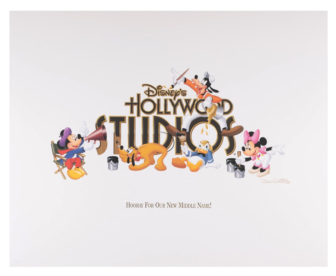 A Disney Hollywood Studios New Name Print.: (Disney Hollywood Studios, 2008) A "Hooray For Our New Name" lithograph celebrating the change from "Disney-MGM Studios" to "Disney's Hollywood Studios" with art by Don "Ducky" Williams of Mickey and