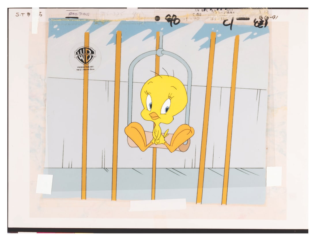 A “The Sylvester & Tweety Mysteries?? Production Cel.: (Warner Bros., 1997) A hand-painted production cel of Tweety from “The Sylvester and Tweety Mysteries” episode ”Jeepers Creepers.” Presented on a color copy reproduction background
