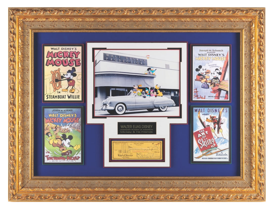 A Walt Disney Signed Check Framed Display.: (Disney, 1952) A check signed by Walt Disney himself, drawn from his personal bank account. Stamped April 29, 1952, Walt personally made this check out to the Earl Warren Campaign Fund for 250 dollars