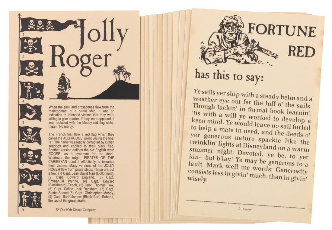 A Complete Set of 24 Jolly Roger Cards.: (Disneyland, 2010s) A complete set of 24 fortune cards from the Fortune Red machine located near the Pirates of the Caribbean attraction at Disneyland. Each card has a fortune written in pirate speech