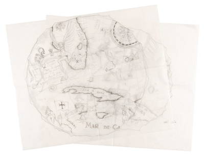 A Pair of "Pirates of the Carribean: At World's End" Map Drawings.: (Disney, 2006) A pair of original map concept drawings for “Pirates of the Caribbean: At World’s End.” Accomplished in pencil on vellum paper by conceptual artist James Ward Byrkit, the maps