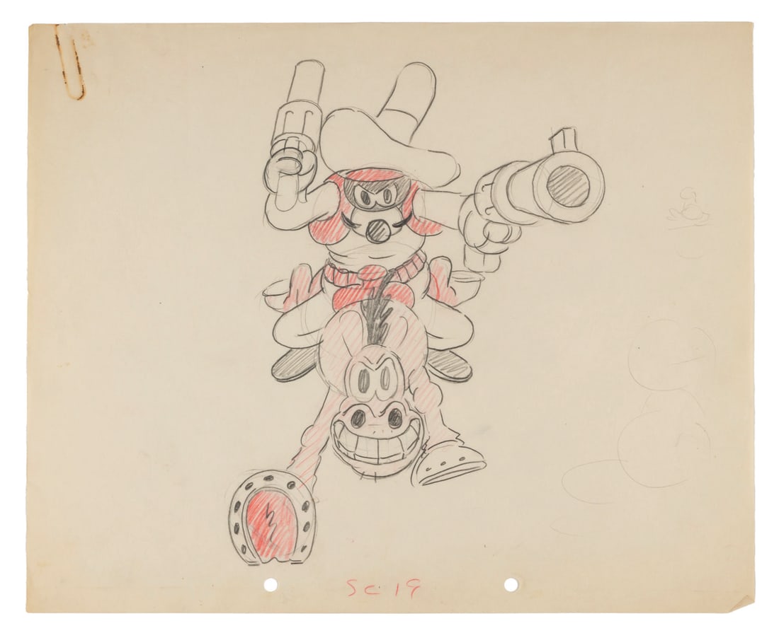 A “Ride Him, Bosko!?? Bandit Storyboard Drawing.: (Harman-Ising, 1932) An original storyboard drawing featuring a bandit on his horse from the Looney Tunes short “Ride Him, Bosko!” Accomplished in graphite and colored pencil and measuring 9.7