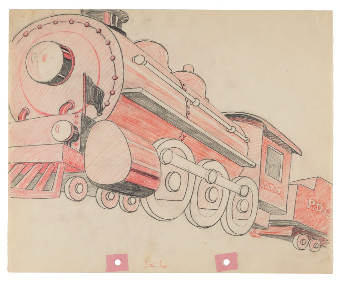 A Train Storyboard Drawing from “Bosko and Bruno.: (Harman-Ising, 1932) An original storyboard drawing of a train from the Looney Tunes short “Bosko and Bruno.” In the final cartoon, the train reads “L.T.” instead of the original “P.