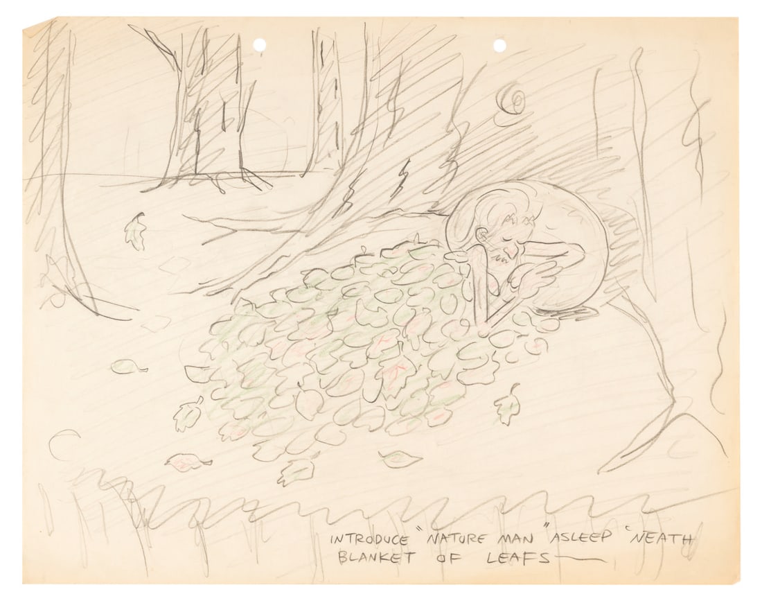 A Rare Story Drawing of Nature Man.: (Schlesinger, 1930s) An original story drawing of “Nature Man” asleep in the woods under a blanket of leaves from an unproduced Leon Schlesinger short. Measuring 9.5” x 12”, the gr