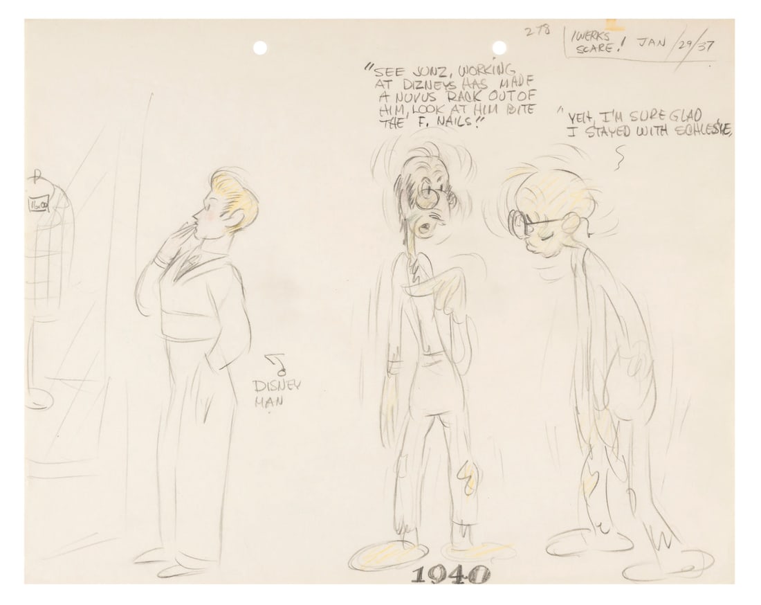 A Warner Artist’s View of Disney Artists Gag Drawing.: (Clampett, 1937) A studio gag drawing by Bob Clampett of haggard versions of himself and Chuck Jones, compared to the sophisticated and polished artists of the Disney studio. Accomplished in graphite