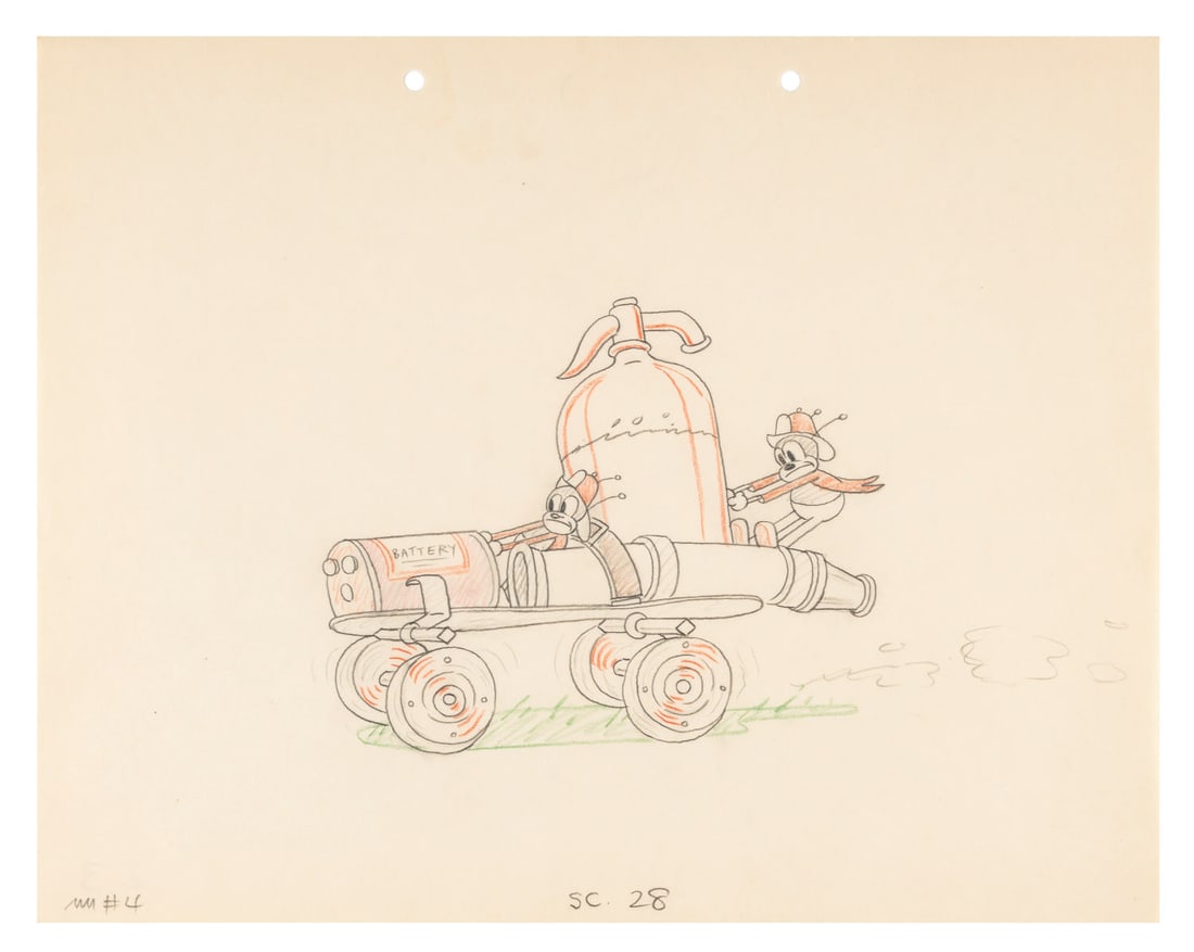 A Fire Fighter “Honeymoon Hotel?? Production Drawing.: (Schlesinger, 1934) An original production drawing of fire fighting bugs from the Merrie Melodies short “Honeymoon Hotel,” directed by Earl Duvall. Accomplished in graphite and colored pencil