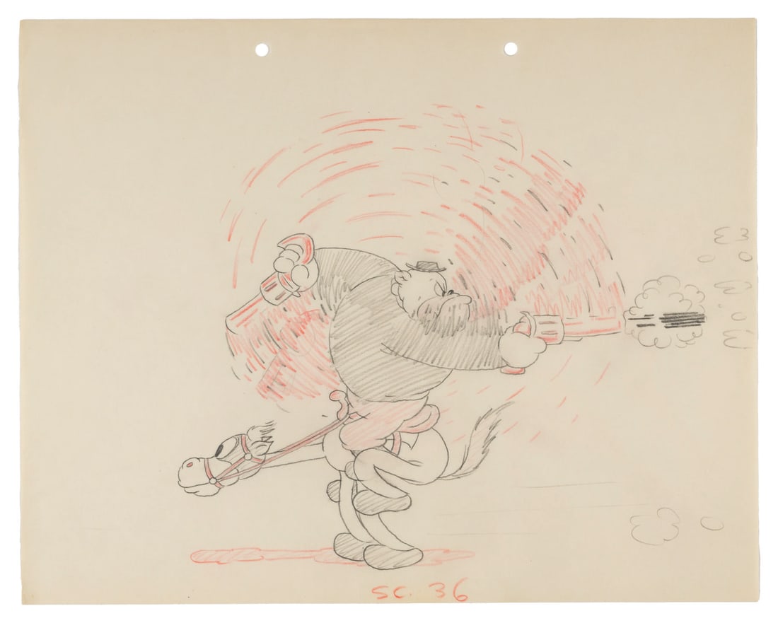 A “Gold Diggers of '49" Storyboard Drawing.: (Schlesinger, 1935) An original storyboard panel featuring a gun-slinging bandit from the Looney Tunes short “Gold Diggers of '49.” Accomplished in graphite and colored pencil with a character