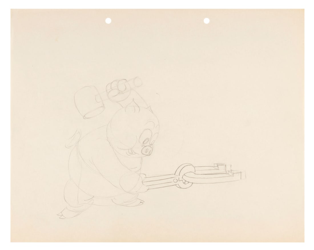 A Porky Pig "The Village Smithy" Production Drawing.: (Schlesinger, 1936) An original production drawing of Porky Pig working as a blacksmith’s assistant in “The Village Smithy.” With a character image size of 6” x 7.5” on 9.5&rdquo