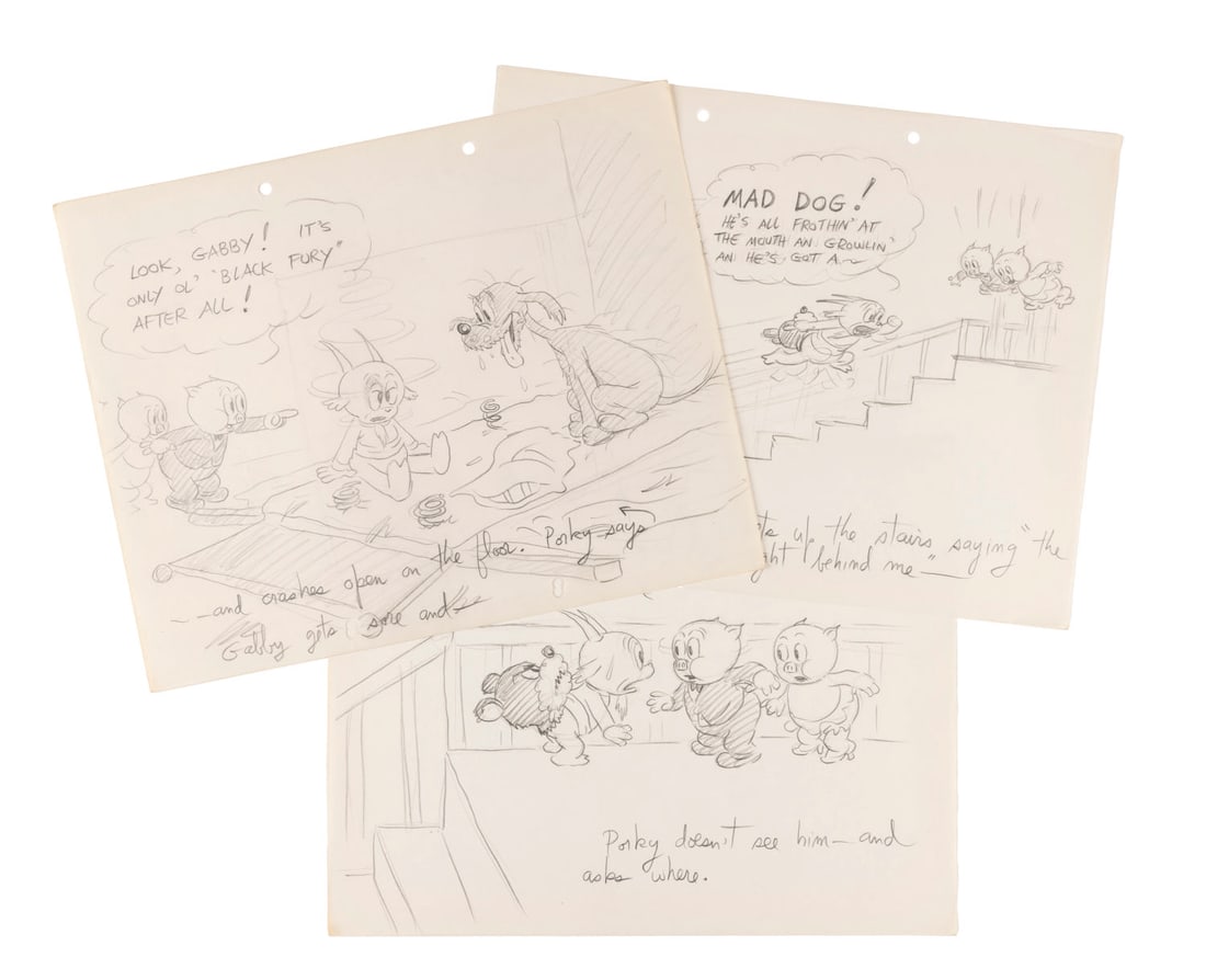A "Porky's Party" Story Drawing.: (Schlesinger, 1938) An early story drawing for the Looney Tunes short “Porky’s Party,” directed by Bob Clampett. Though he does not appear in the film, this drawing shows that Gabby Goat was