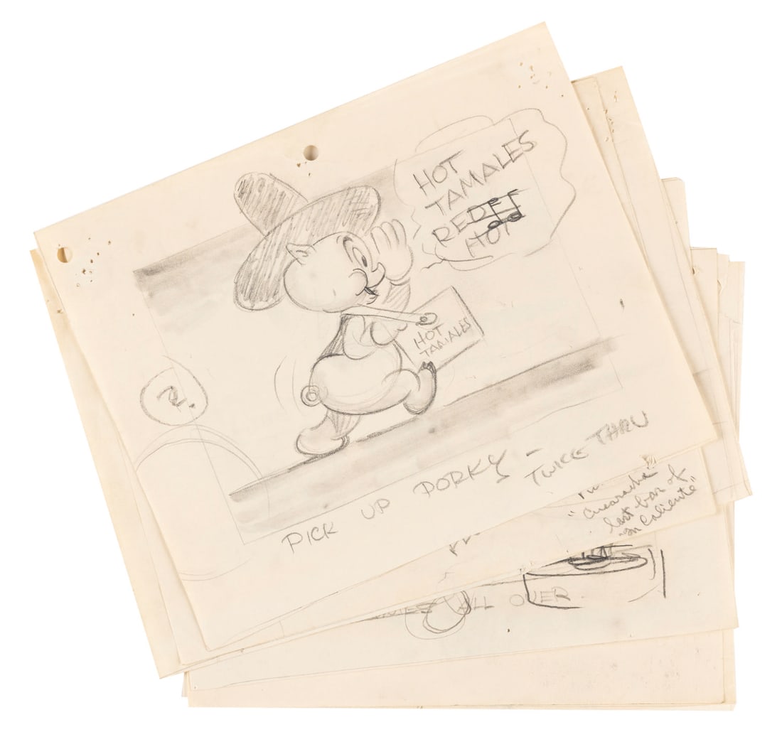 A “The Timid Toreador" Storyboard Collection.: (Schlesinger, 1940) A collection of seven storyboard panels from the Bob Clampett-directed Looney Tunes short “The Timid Toreador.” Accomplished in graphite, the panels feature Porky, Slapsie