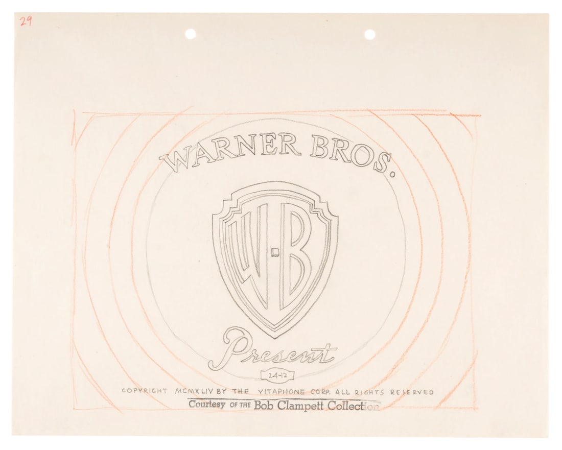 A “Warner Bros. Present" Title Card Layout Drawing.: (Schlesinger, 1943) An original “Warner Bros. Present” title card layout drawing. The WB Shield at the center of a set of colorful rings is the most iconic opening title of the Golden Age of a