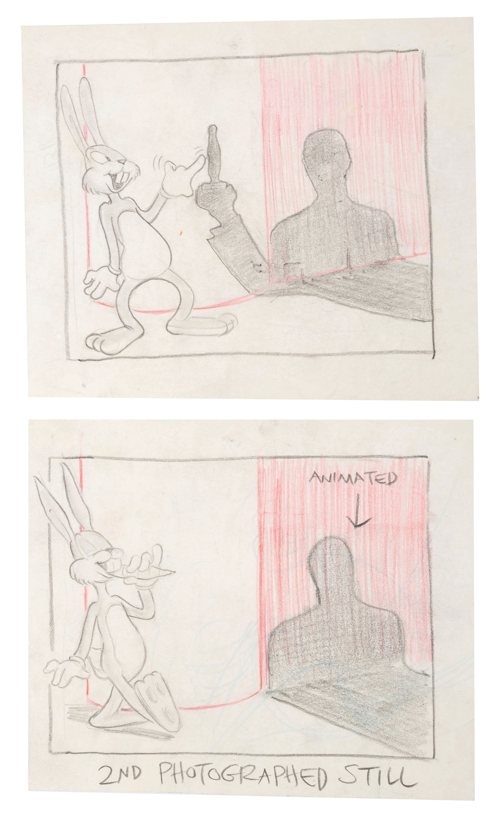 A Pair of “What’s Cookin’ Doc??? Storyboard Panels.: (Warner Bros., 1944) A set of three original storyboard panels featuring Bugs Bunny from the Merrie Melodies short “What’s Cookin Doc?” directed by Bob Clampett. Accomplished in graphite and