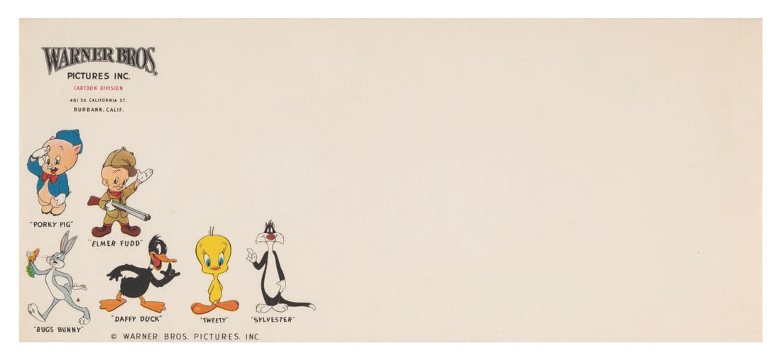 A 1955 Warner Brothers Cartoon Division Envelope.: (Warner Bros., 1955) A Warner Brothers Cartoon Division letter-sized envelope. Upon moving to Burbank in 1955, the Cartoon division’s first address was 461 S. California St. on the eastern side of t