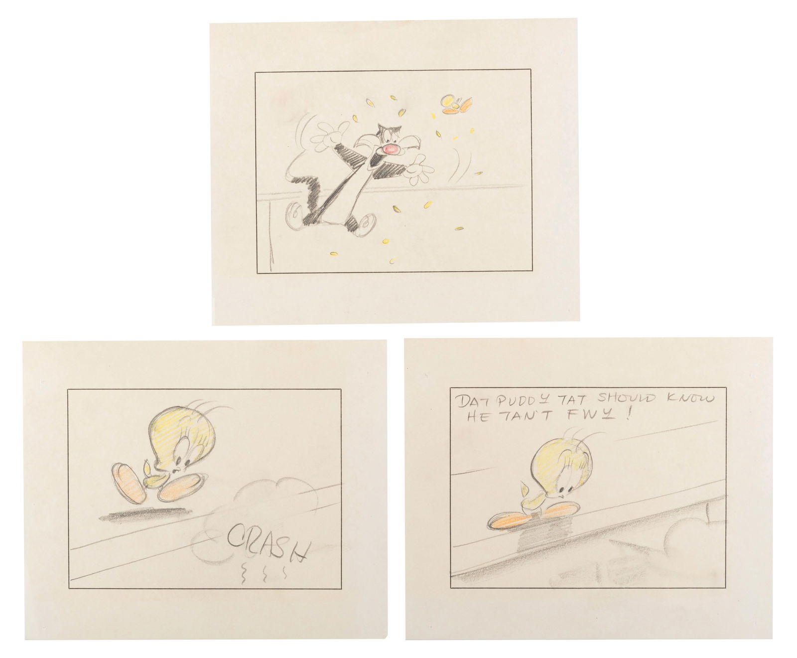 Three Tweety Bird and Sylvester Storyboard Panels. (1 of 4)