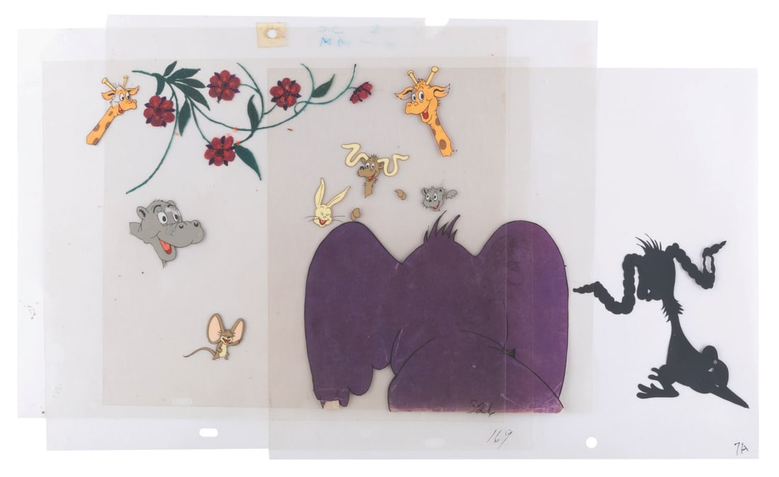 A "Horton Hatches the Egg" Laughing Animals Multi-Layer Cel.: (Schlesinger, 1942) A colorful multi-layer cel of animals laughing at Horton from “Horton Hatches the Egg.” With image sizes ranging from 4.25” x 4.5” to 8.5” x 11.5” o