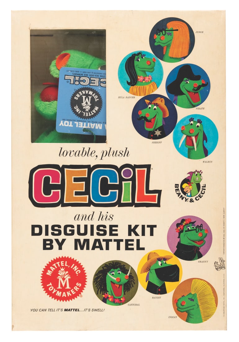 A Cecil and His Disguise Kit by Mattel.: (Mattel, 1962) An unopened Lovable, Plush Cecil and his Disguise Kit by Mattel. Inside the kit are 18 disguises for the Cecil plush, including outfits for a hula dancer, cowboy, Super Cecil, and the v