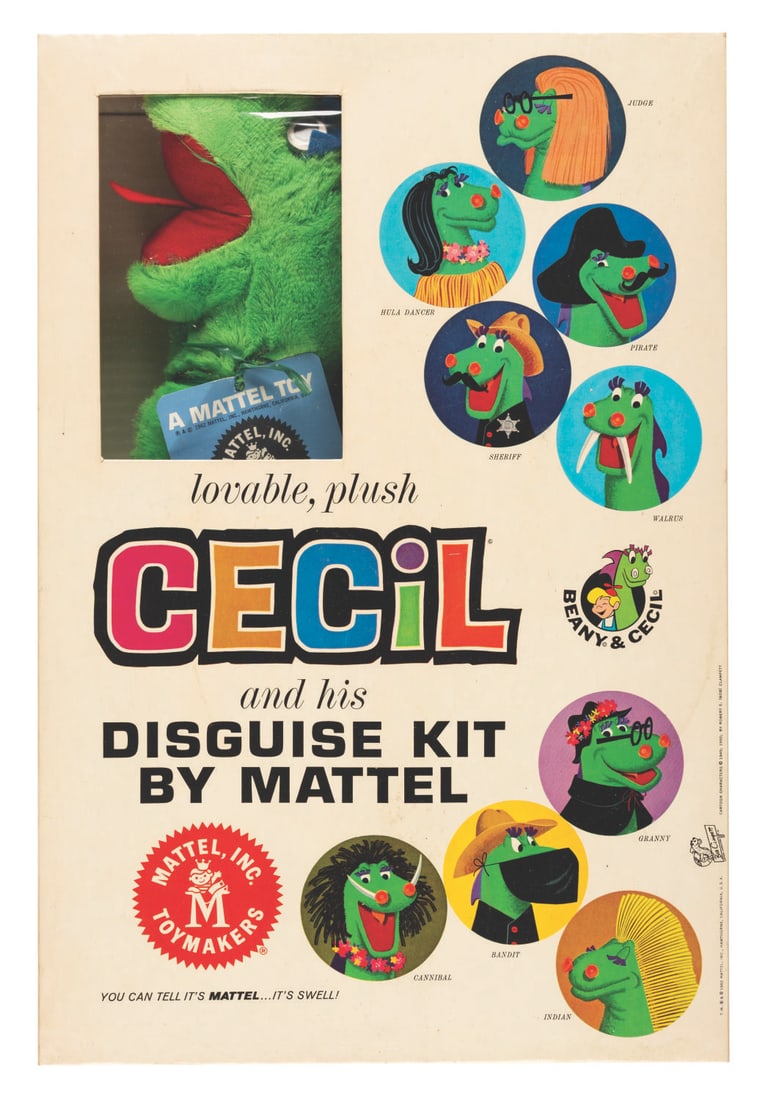 A Cecil and His Disguise Kit by Mattel.: (Mattel, 1962) An unopened Lovable, Plush Cecil and his Disguise Kit by Mattel. Inside the kit are 18 disguises for the Cecil plush, including accessories for a hula dancer, cowboy, Super Cecil, and D