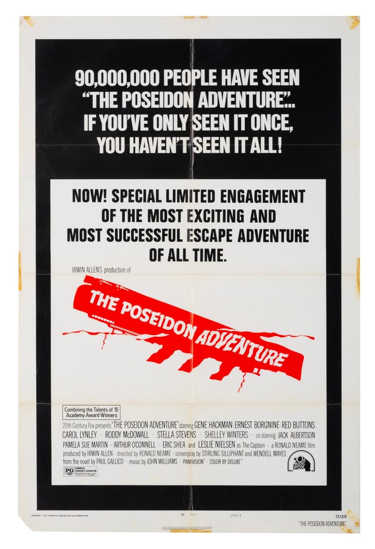 A "The Poseidon Adventure" One-Sheet Poster.: (20th Century Fox, 1972) A style-B one-sheet poster for the film “The Poseidon Adventure,” starring Gene Hackman. Measuring 27” x 41”, the poster is in fair condition with typical 