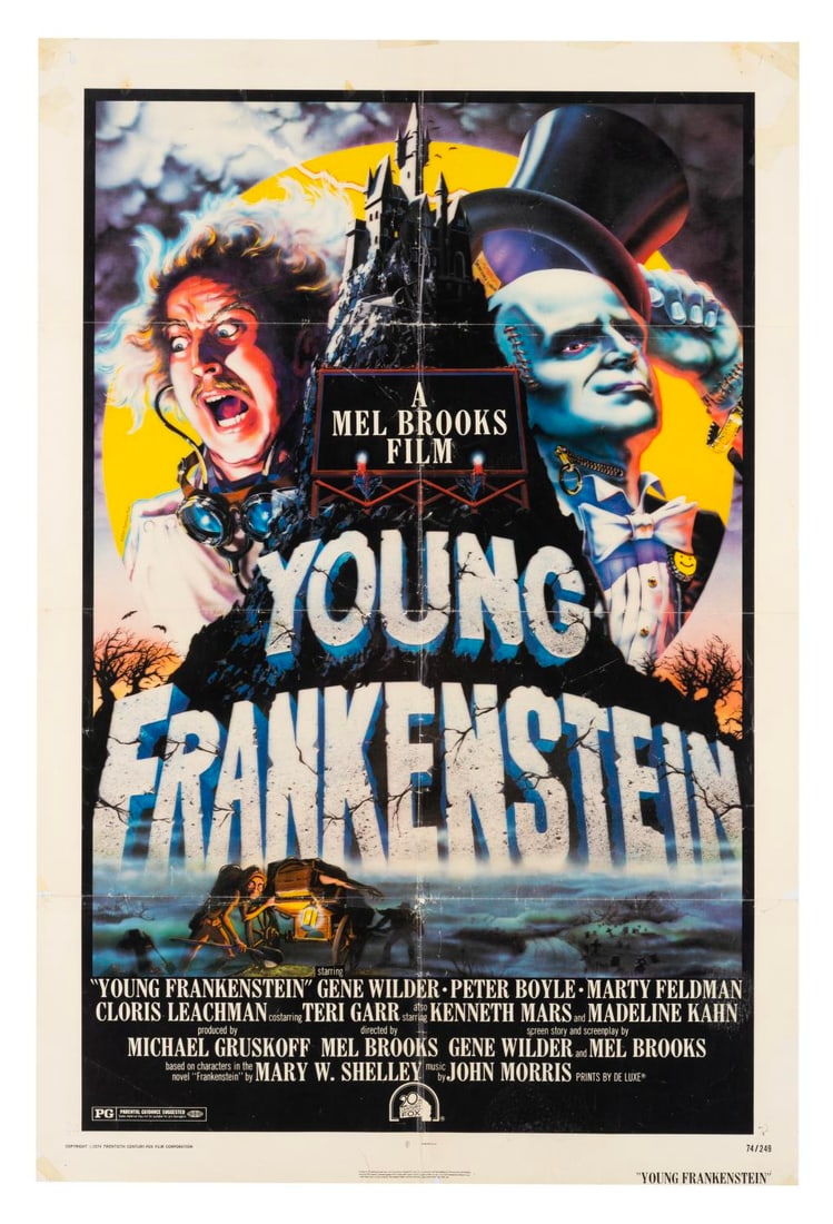 A "Young Frankenstein" One-Sheet Poster.: (20th Century Fox, 1974) A one-sheet poster for the film “Young Frankenstein,” starring Gene Wilder. Measuring 27” x 41”, the poster is in poor condition with typical wear and crea