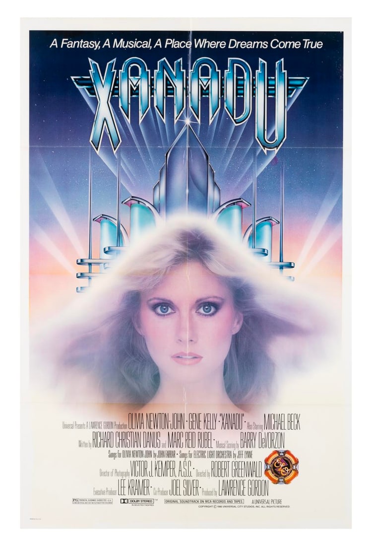 A "Xanadu" One-Sheet Poster.: (Universal, 1980) A style-B one-sheet poster for the film “Xanadu,” starring Olivia Newton John. Measuring 27” x 41”, the poster is in good condition with typical wear and creases