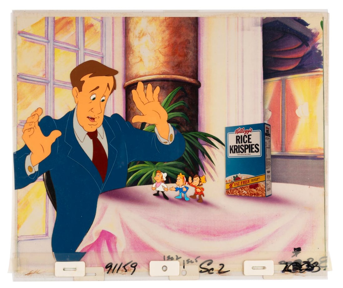 Original Production Cels from a Rice Krispy Treats Commercial.: (1980s) Four original production cels featuring Snap, Crackle, Pop, and a human character from a 1980s Rice Krispies Cereal Commercial. The human character measures 7”x8” and the three oth