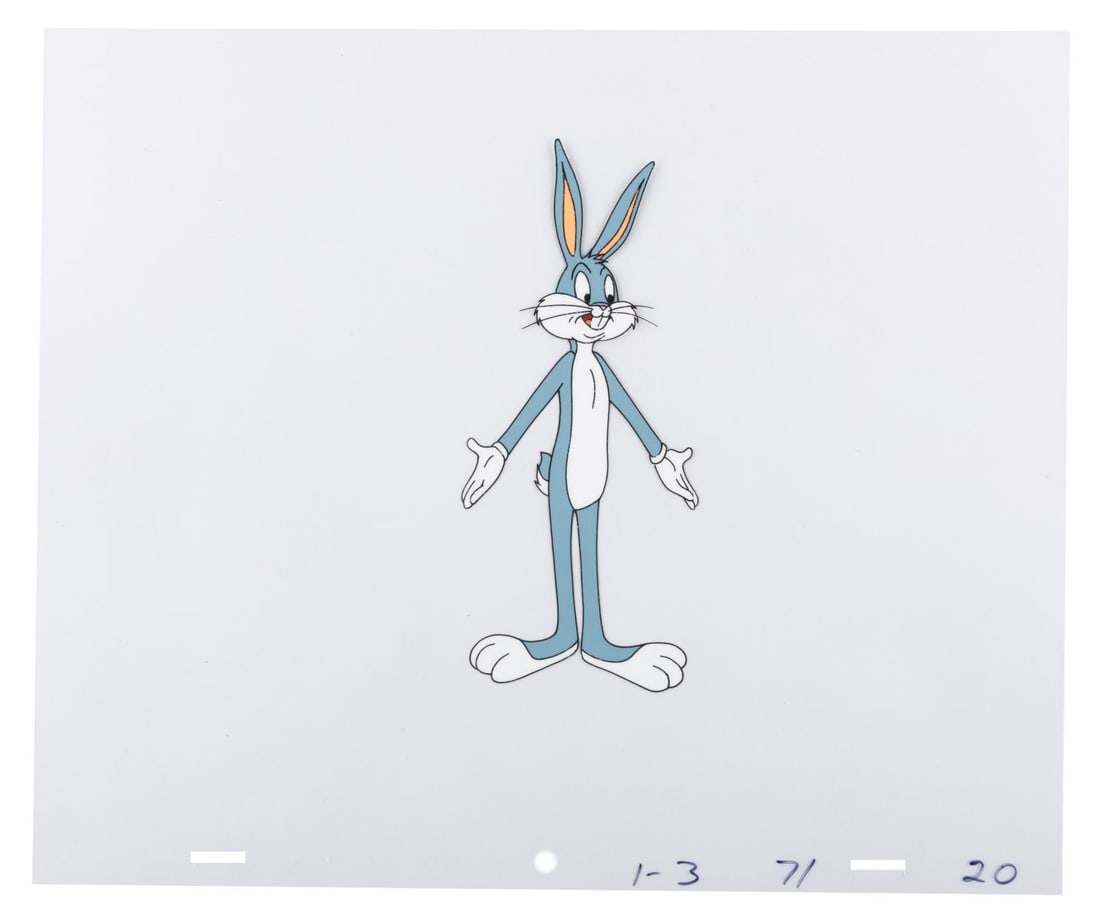 A Bugs Bunny Production Cel.: (Warner Bros., 1970s-80s) A hand-painted production cel of Bugs Bunny from an unknown production. Measuring 10.5” x 12.5” with a character image size of 6.5” x 3”, the cel disp