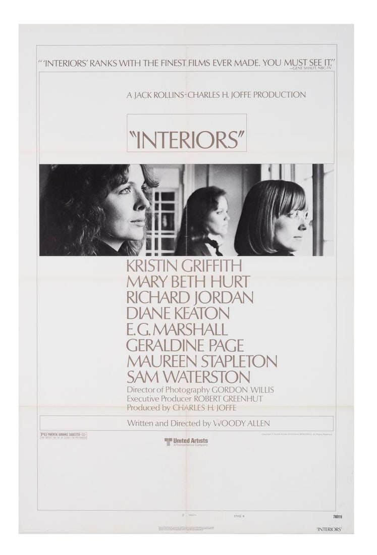 An "Interiors" One-Sheet Poster.: (United Artists, 1978) A style B one-sheet poster for the original theatrical release of “Interiors,” written and directed by Woody Allen. Measuring 27” x 41”, the poster is in ver