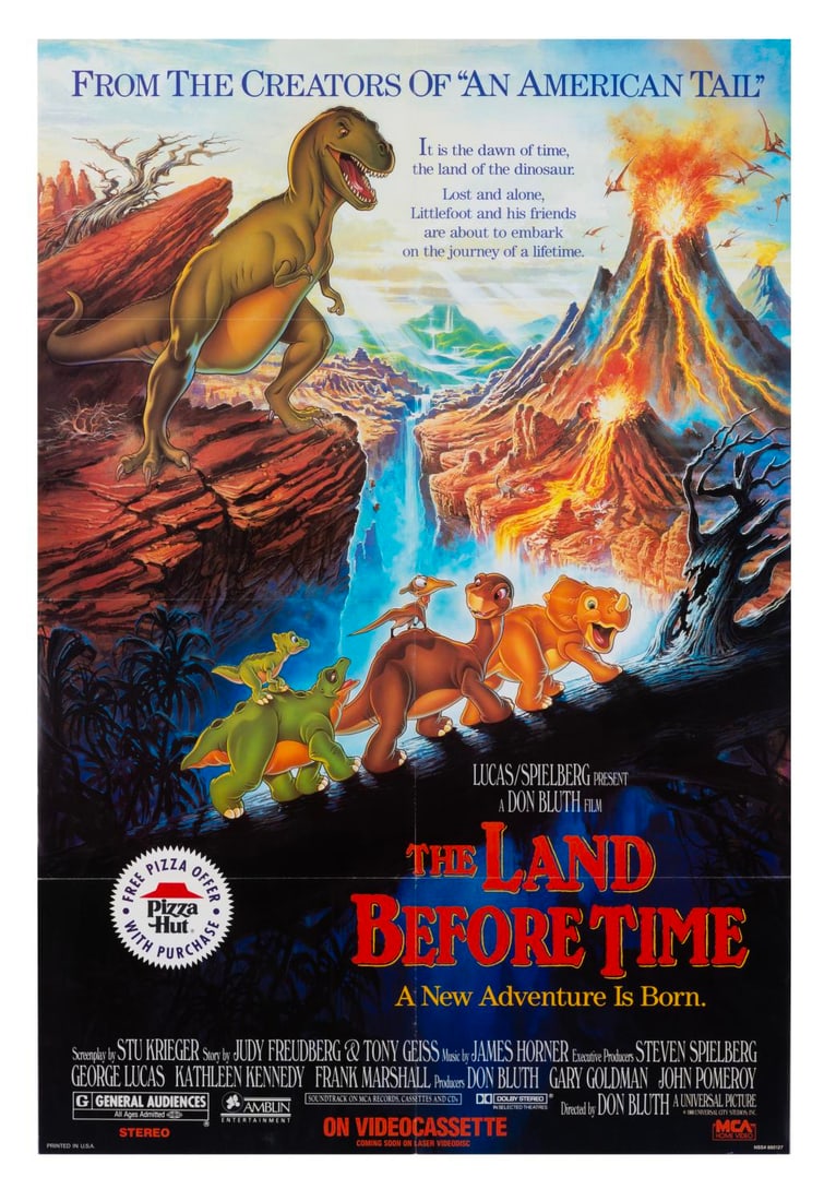 A "The Land Before Time" Video Release Poster.: (Universal, 1989) A poster for the home video release of “The Land Before Time,” directed by Don Bluth. Measuring 27” x 39.5”, the poster is in very good condition with typical wea
